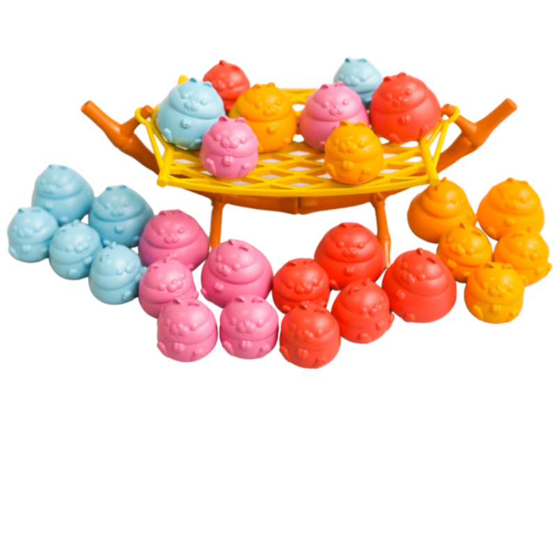 Multicolored plastici hamsters balancing on hammock.