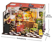 Toy garage set with various items and dimensions displayed