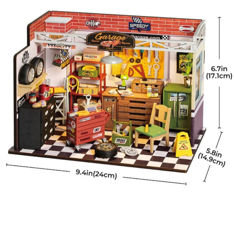 Toy garage set with various items and dimensions displayed
