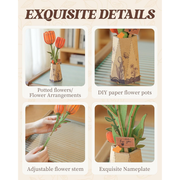Collage of potted flowers, DIY paper flower pots, adjustable flower stems, and an exquisite nameplate with text 'Exquisite Details'.