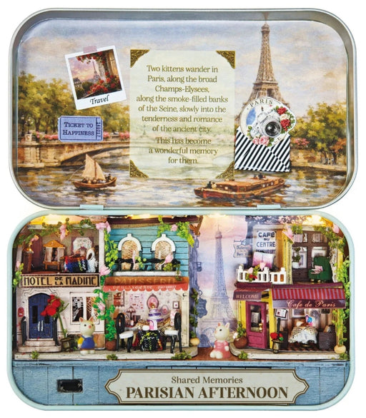 A charming Paris-inspired miniature with the Parisian Afternoon DIY Tiniature Kit on a white background.
