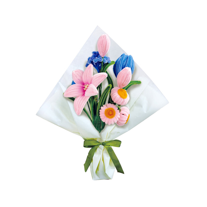 Chenille flower bouquet craft kit with pink lilies, daisies and blue flowers