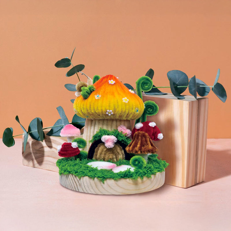 Colorful chenille mushroom house craft kit with decorative eucalyptus styling