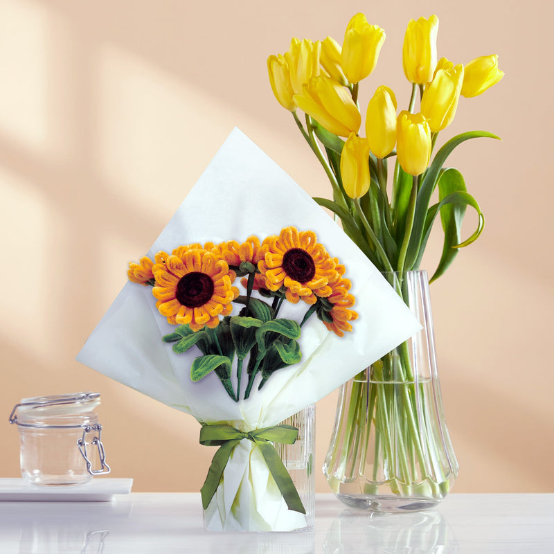 Chenille sunflower bouquet kit with yellow tulips in styled home setting