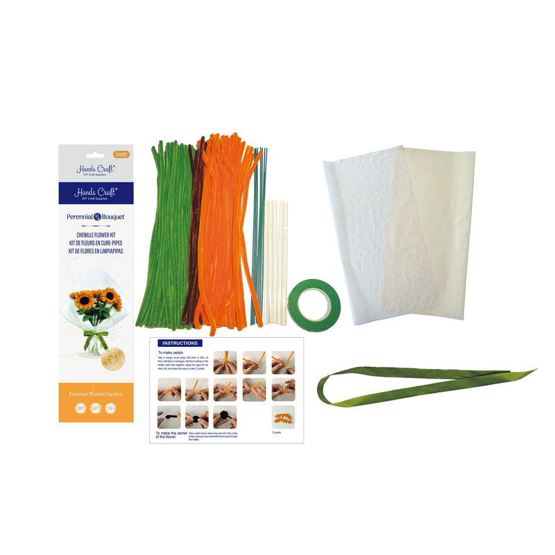 Hands Craft chenille flower kit with colorful pipe cleaners and instructions