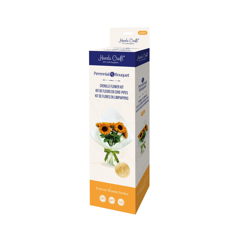 Hands Craft Perennial Bouquet Chenille Sunflower Kit packaging showing finished sunflower bouquet