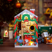Peanuts Christmas House craft kit with illuminated fireplace in festive setting