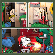 Peanuts Christmas House interior details showing Charlie Brown, Snoopy, fireplace and holiday decorations