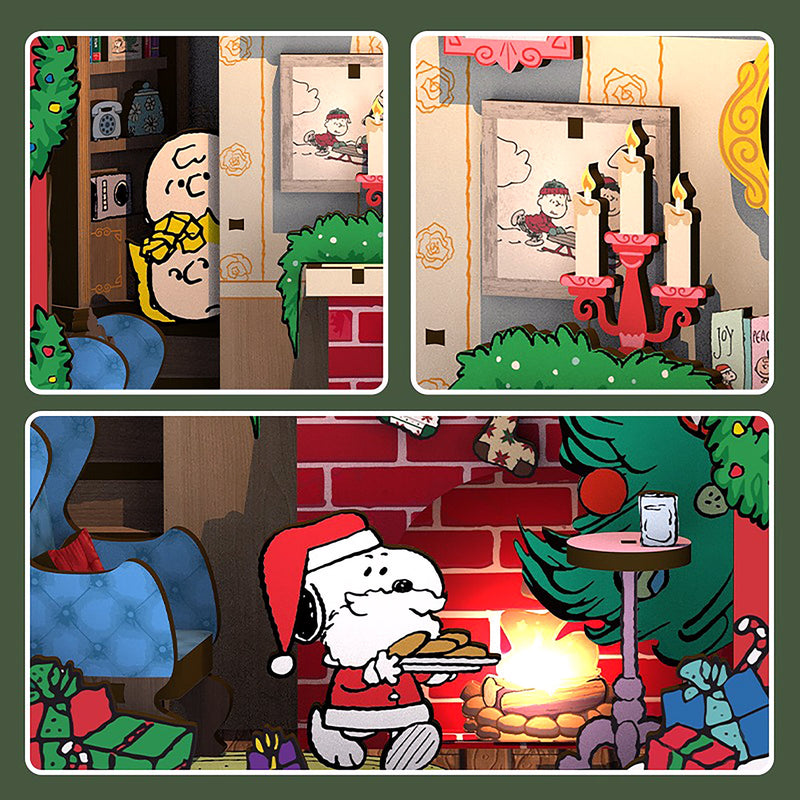 Peanuts Christmas House interior details showing Charlie Brown, Snoopy, fireplace and holiday decorations