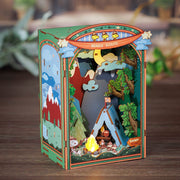 Peanuts Beagle Scouts miniature camping diorama with tent, campfire, and forest scene