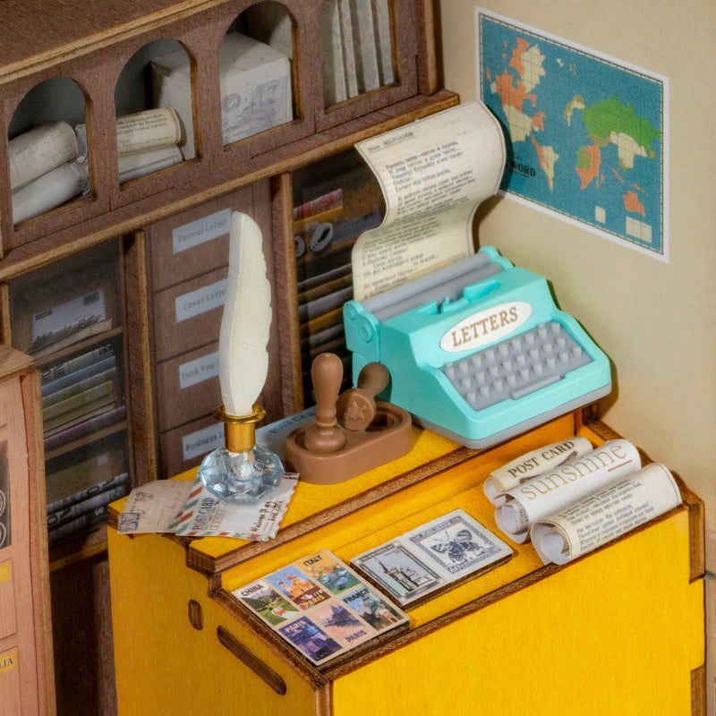 Century Post Office miniature dollhouse scene with typewriter and vintage office accessories