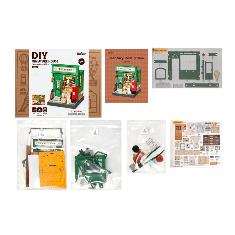 DIY Miniature House Century Post Office kit with components and instruction sheets displayed