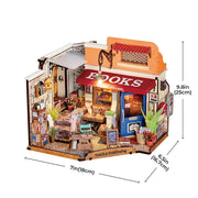 Miniature bookstore with detailed interior featuring books shelves and furniture with dimensions.