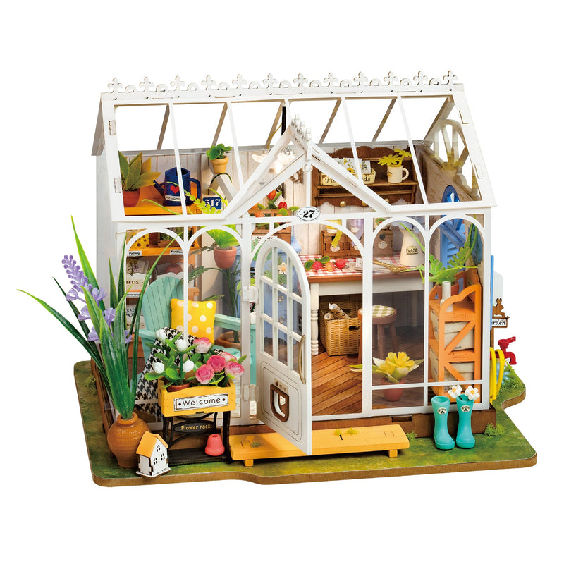 Miniature dollhouse greenhouse kit with detailed interior accessories and garden theme