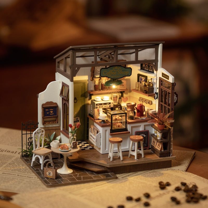 Miniature dollhouse cafe kit with detailed kitchen interior lighting and accessories