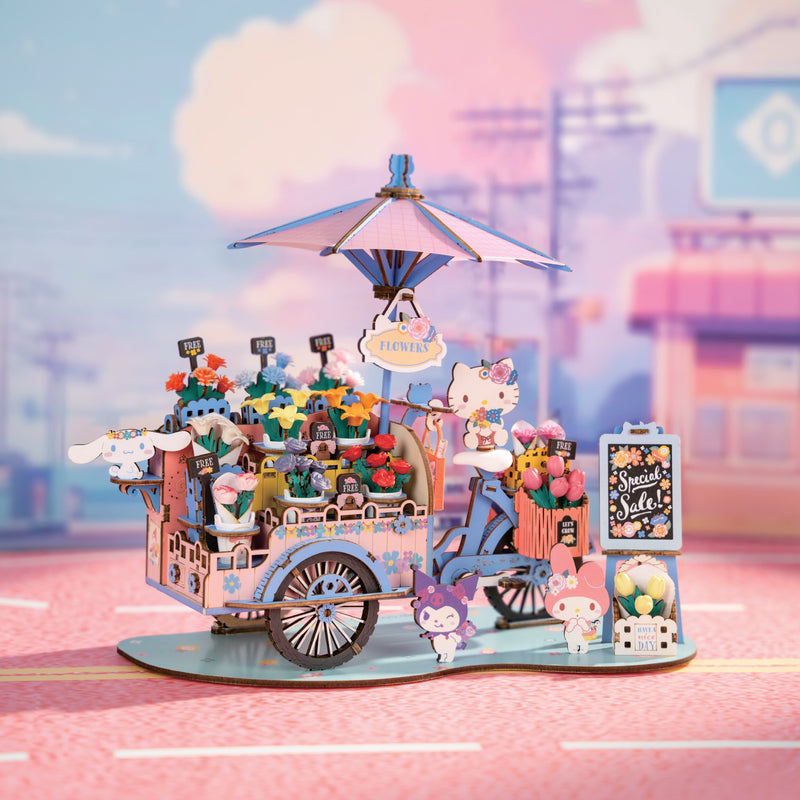 Colorful miniature flower cart model kit with umbrella and cute character figures