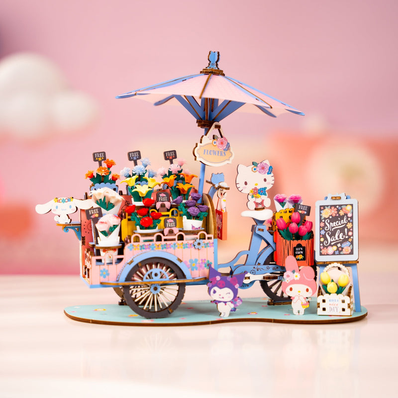 Colorful miniature flower cart model kit with umbrella and decorative characters