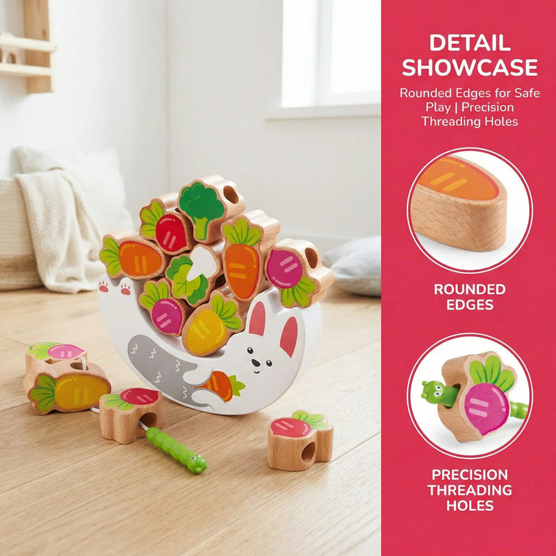 Wooden bunny balance and threading game with colorful vegetable pieces on floor