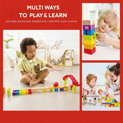 Hape Grow With Me Blocks shown in multi-play lifestyle infographic with children stacking and building
