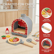 Hape wooden pizza oven play set with accessories on table, infographic style