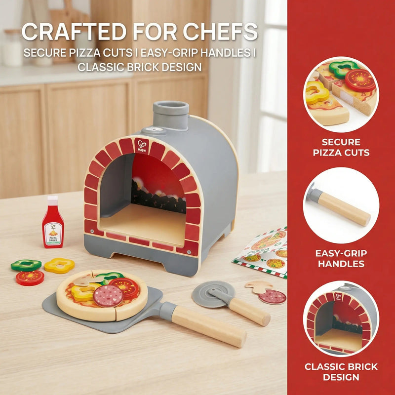 Hape wooden pizza oven play set with accessories on table, infographic style
