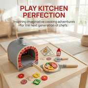 Hape wooden pizza oven play set with toppings, peel, and accessories on table
