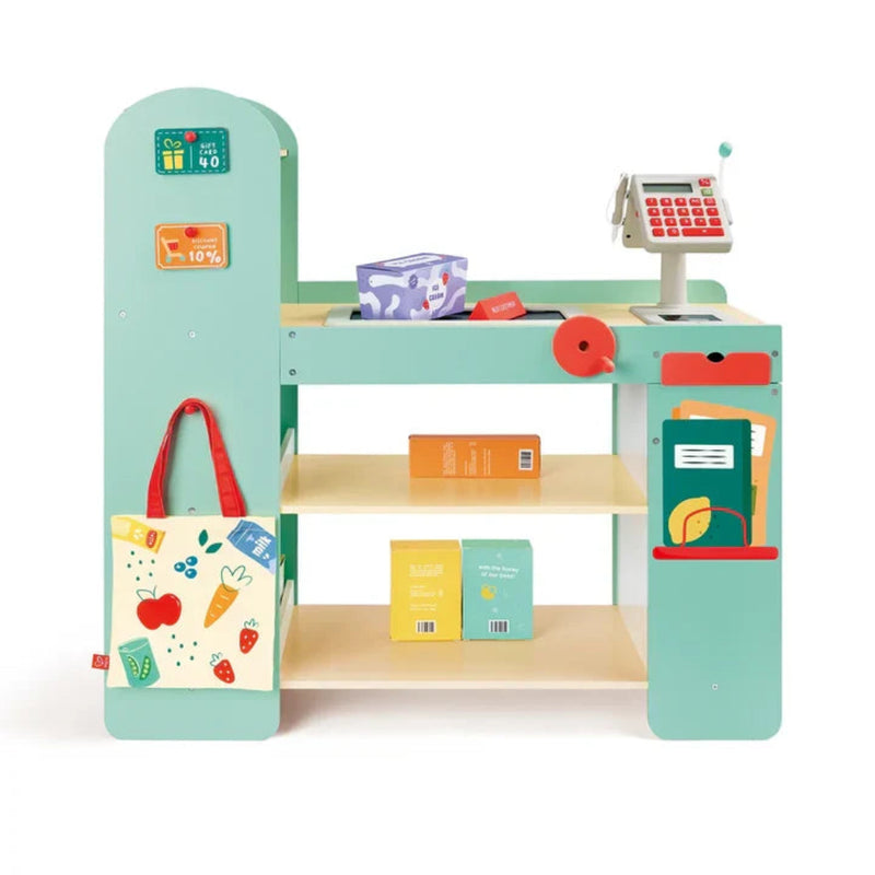 Hape Smart Wooden Supermarket toy with cash register, shelves, and grocery accessories