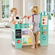 Two children playing with Hape wooden supermarket toy set in bright room