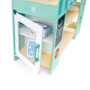 Close-up of wooden toy supermarket refrigerator section with milk and ice cream accessories