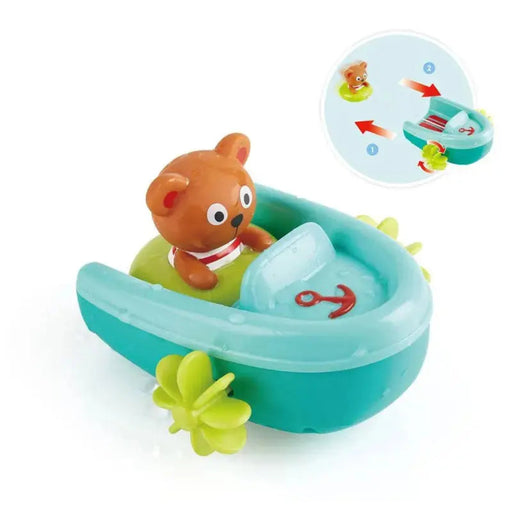 Hape pull-back boat toy featuring a brown bear figure on a teal boat with green paddle wheel
