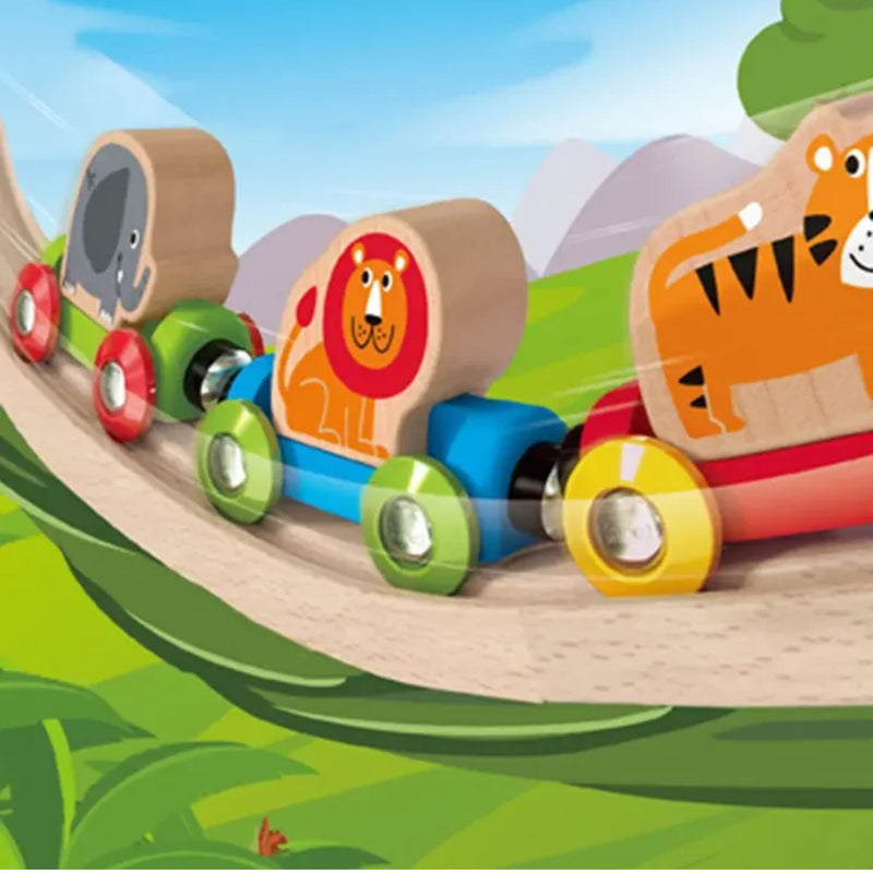 A colorful wooden toy train with animal-themed carriages, including an elephant, lion, and tiger, shown on a curved wooden track against a bright illustrated outdoor background.