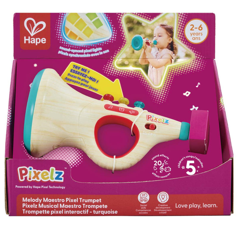 Hape Pixelz Melody Maestro Pixel Trumpet toy in its original retail packaging, featuring a turquoise and light wood toy trumpet with colorful buttons.