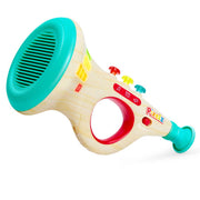 A toy horn with a turquoise blue mouthpiece and flared front, red handle accents, and colorful buttons, shown on a plain white background.