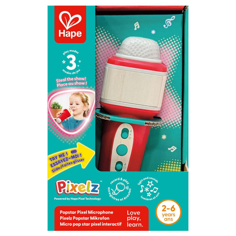Hape Pixelz Popstar Pixel Microphone toy in its original retail packaging, featuring a red and white pixelated microphone with a turquoise handle inside a teal and red box.