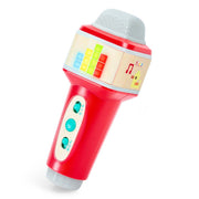 A red children's toy microphone with a light wood-grain face panel featuring colorful block graphics, a gray textured top, and three teal buttons on a white background.