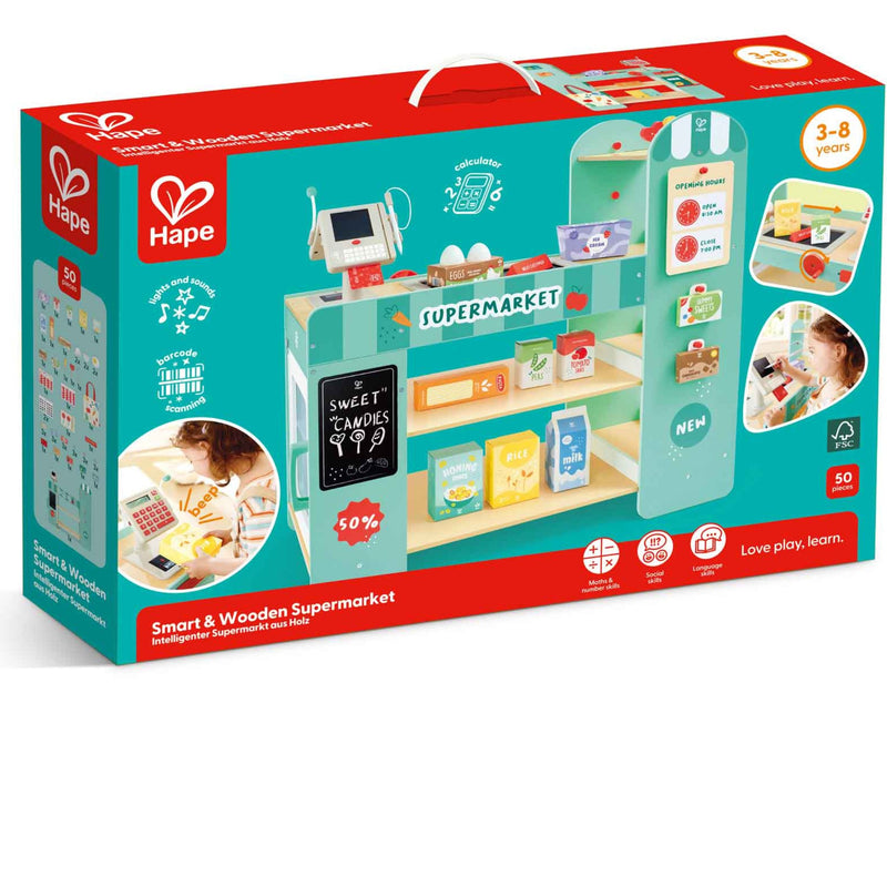 Hape Smart & Wooden Supermarket toy set in its original retail packaging, featuring a colorful illustration of the wooden play supermarket on a teal and red box.