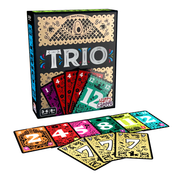 Card game packaging for 'Trio' with colorful cards displayed in front.