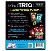 Back cover of the Trio card game with colorful text and game cards.