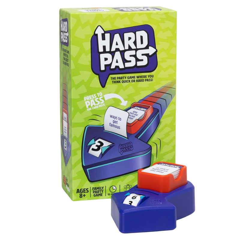 Hard Pass card game by Fat Brain Toy Co with green packaging and game pieces.