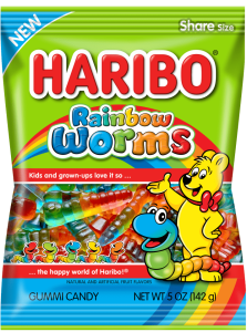 Haribo Rainbow Worms gummy candy package on plain background