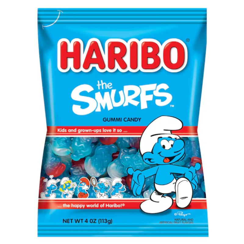 Haribo Smurfs Gummi Candy in a blue 4oz bag on a white background.