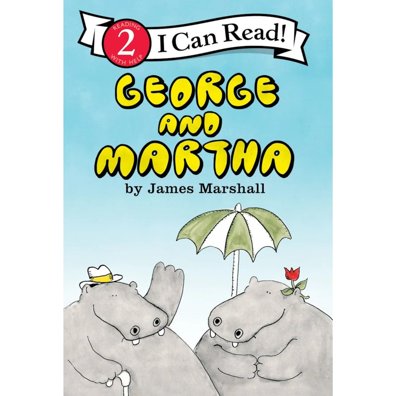 Front cover of the children's book 'George and Martha' by James Marshall, showing a light blue background with large yellow title text, an 'I Can Read! Level 2' banner, and a cartoon illustration of two gray hippopotamuses under a green-and-white umbrella.