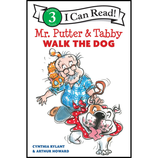 Front cover of the children's book 'Mr. Putter & Tabby Walk the Dog' by Cynthia Rylant & Arthur Howard, featuring a cartoon illustration of an older man in a blue plaid shirt and a dog in a red polka-dot dress on a white background with the 'I Can Read! 3 Reader' banner at the top.