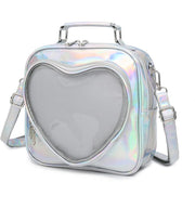 Holographic silver heart-shaped bag with transparent window and crossbody strap