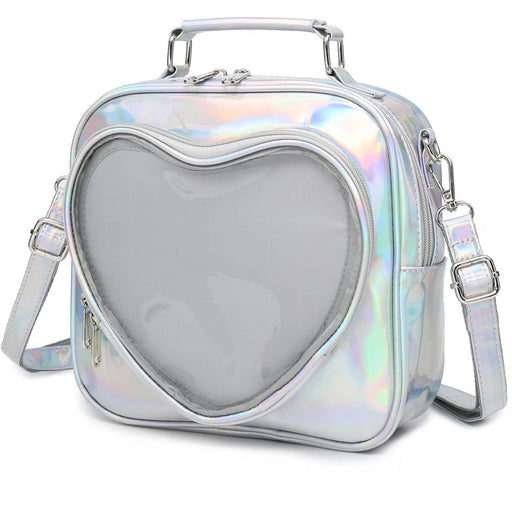 Holographic silver heart-shaped bag with transparent window and crossbody strap