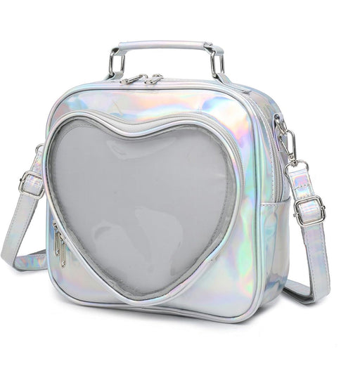 Holographic silver heart-shaped bag with transparent window and crossbody strap