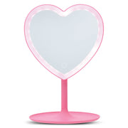 Pink heart-shaped vanity mirror with LED lights and stand