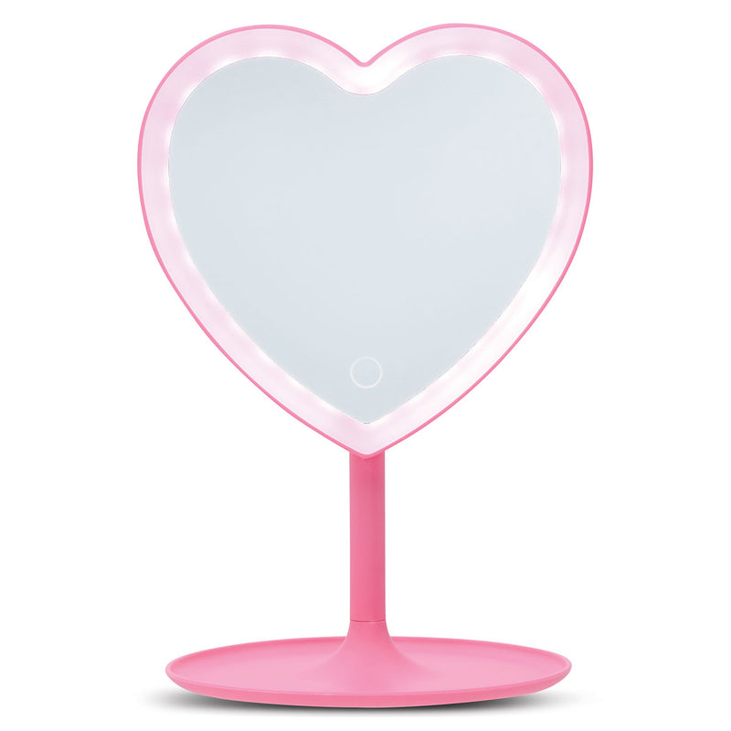 Pink heart-shaped vanity mirror with LED lights and stand