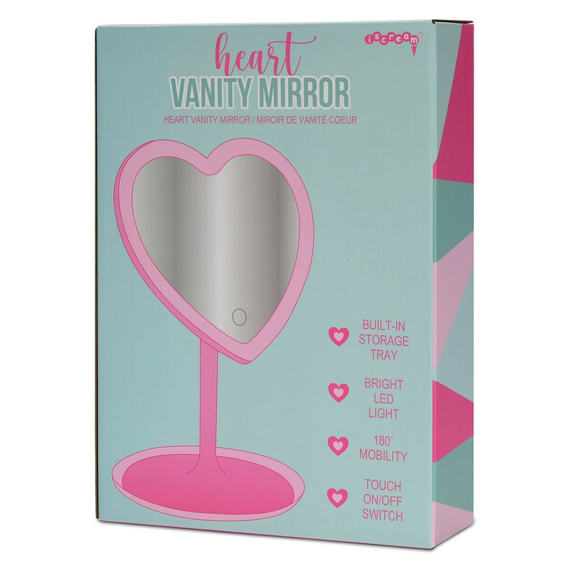 iScream heart-shaped vanity mirror packaging box showing pink LED makeup mirror with features