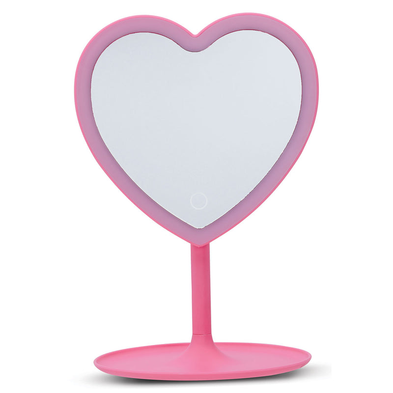 Pink heart-shaped vanity mirror with stand on white background